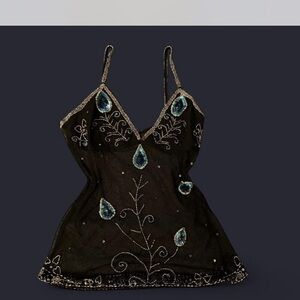 Black Vintage Embellished Spaghetti Strap Top